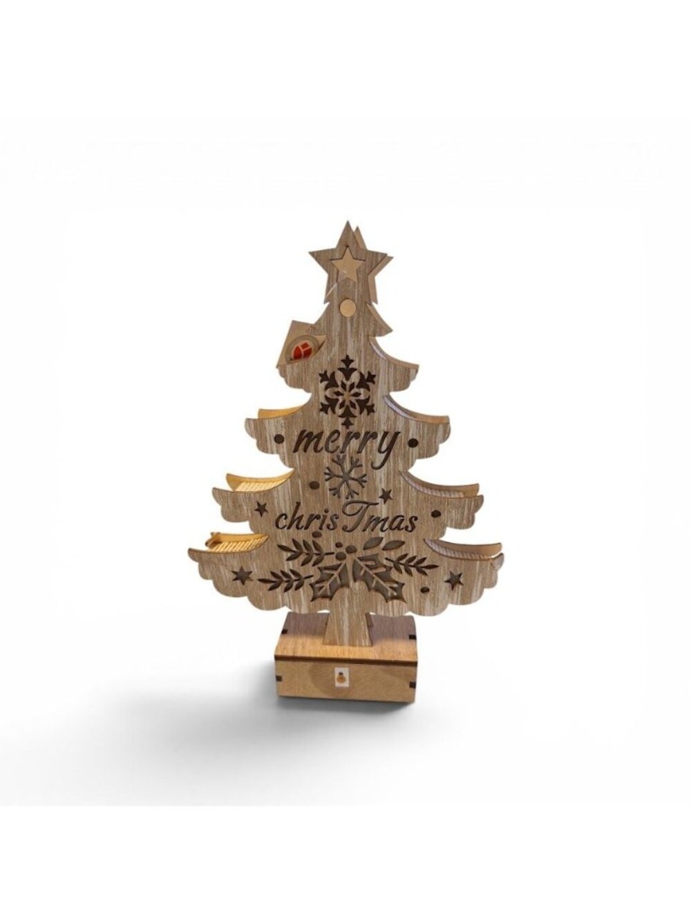 Wooden LED Christmas Tree Tabletop Decoration With Engraved Design And Battery-O